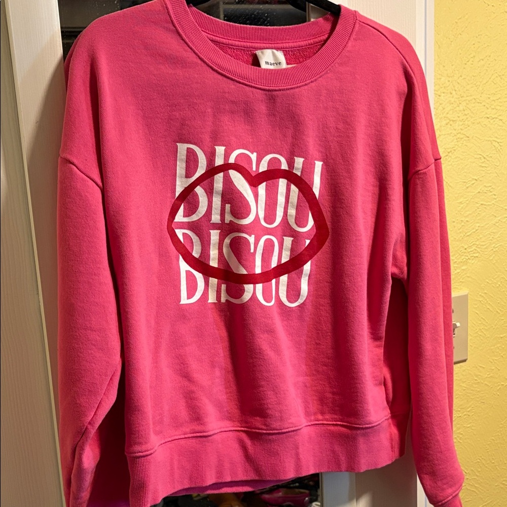 Maeve by Anthropologie Bisou Bisou Hot Pink Crewneck Sweatshirt with Lip Graphic